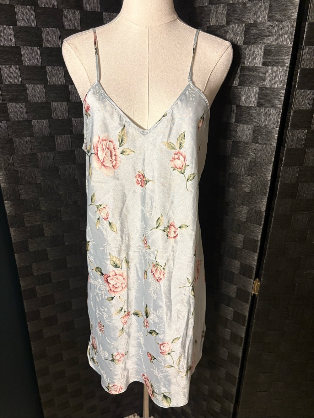 Vintage Blue Satin Floral Slip Dress Rose Print Lace Trim Chemise Nightgown